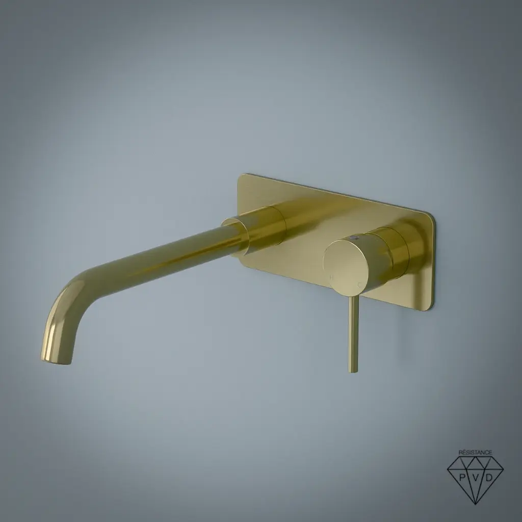 Mitigeur lavabo mural doré brossé, bec 25 cm, Châtelet III