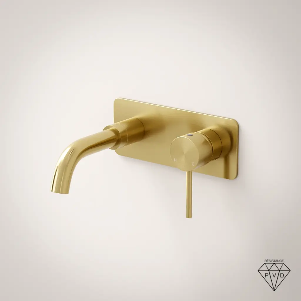 Mitigeur lavabo mural doré brossé, bec 15 cm, Châtelet III
