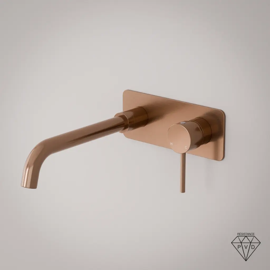 Mitigeur lavabo mural doré rose brossé, bec 25 cm, Châtelet III