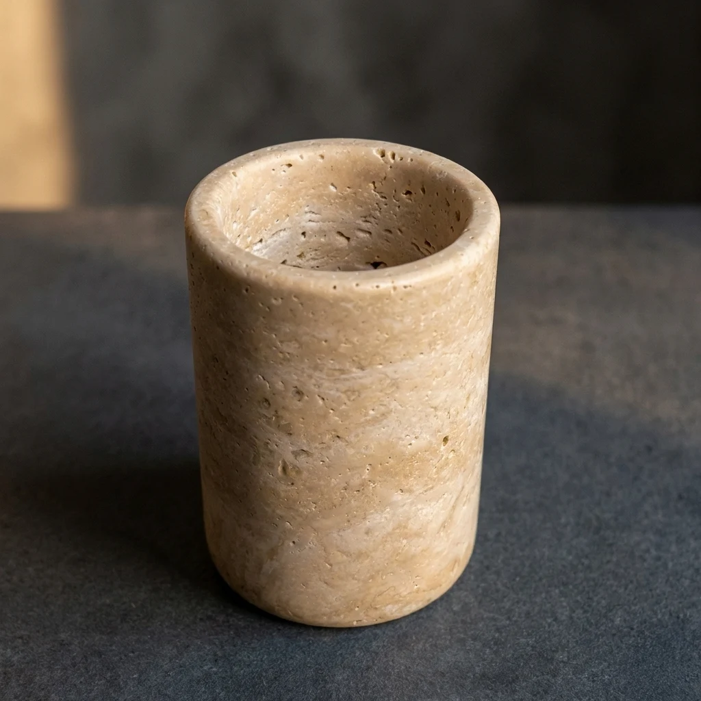 Pot à poser rond en travertin beige, accessoire Petra en pierre naturelle pour salle de bain élégante