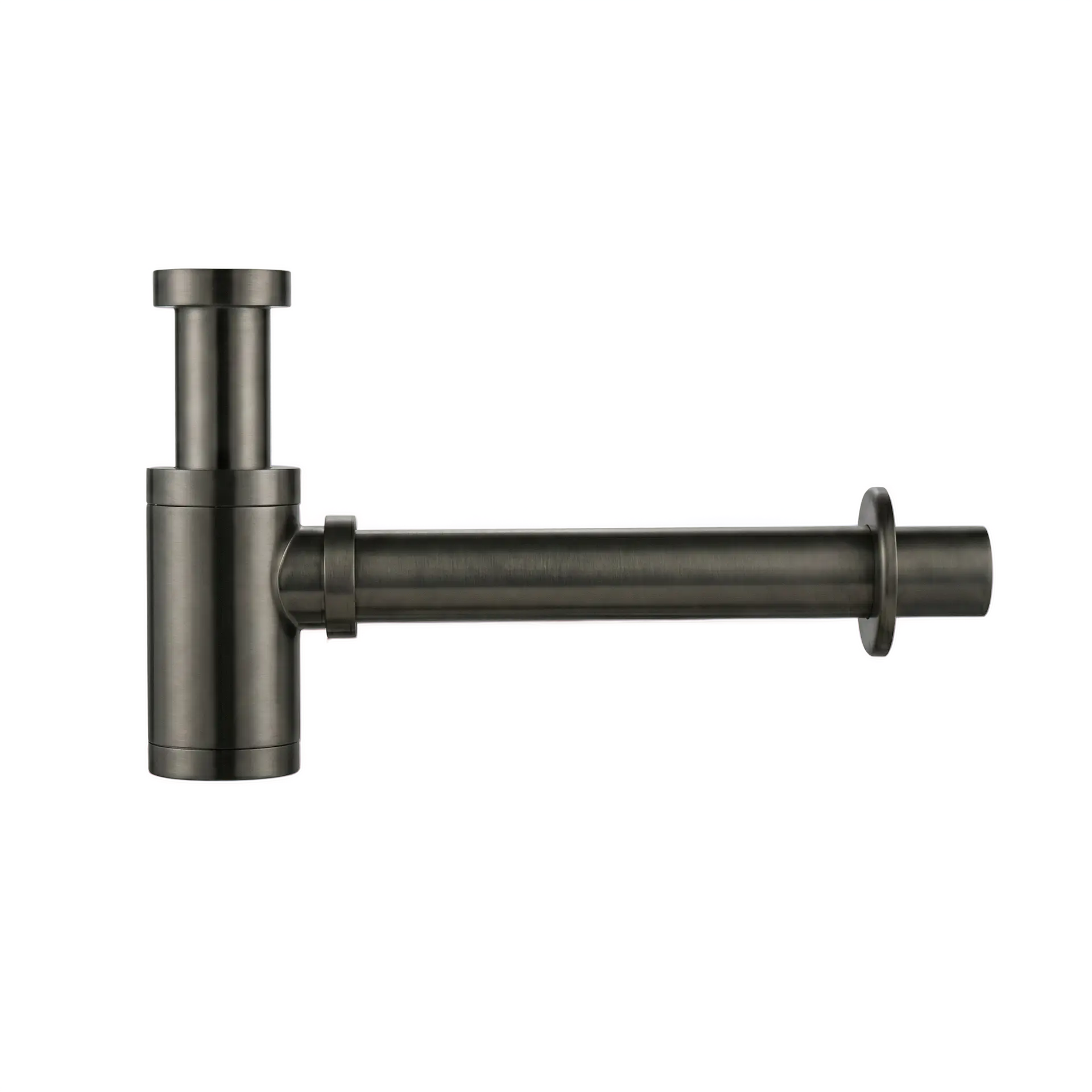 Siphon design cylindrique en inox finition gun métal brossé pour lavabo et vasque suspendue.