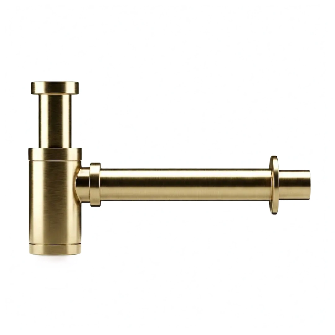 Siphon design cylindrique en inox doré brossé pour lavabo et vasque.