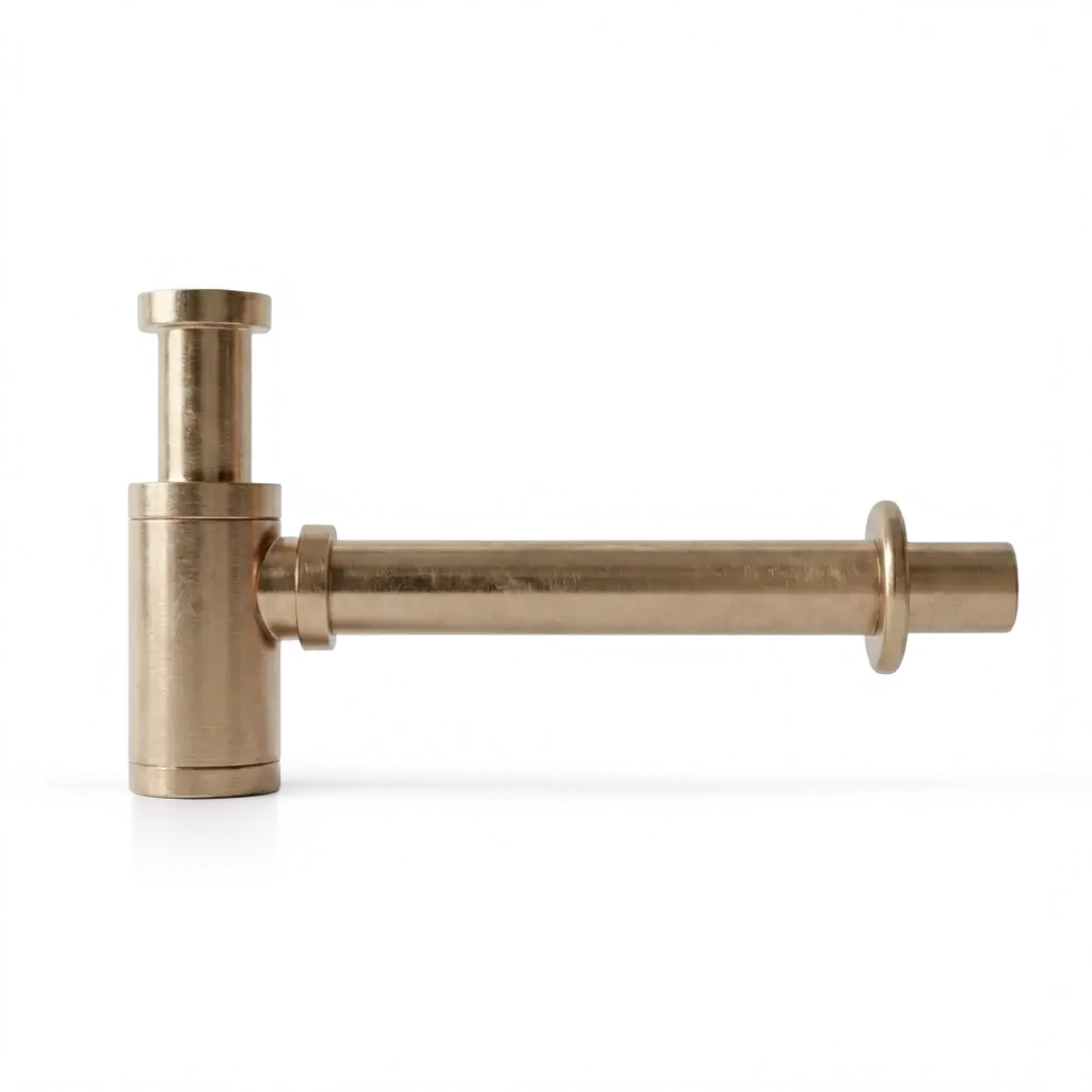 Siphon décoratif cylindrique Inov en inox doré rose brossé avec rosace de finition pour vasque moderne.