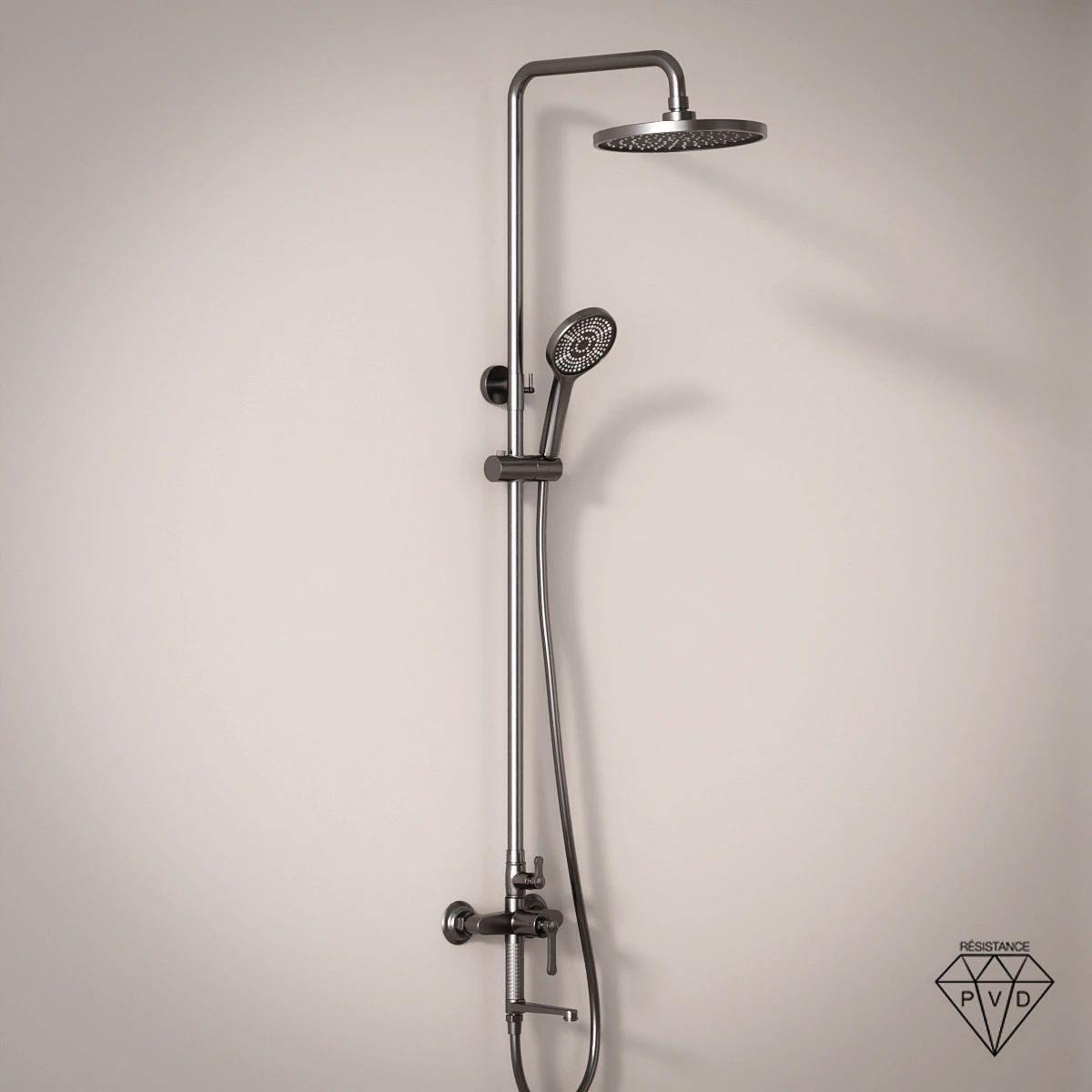 Colonne bain-douche César gun métal avec cannelures, robinet mural avec douchette