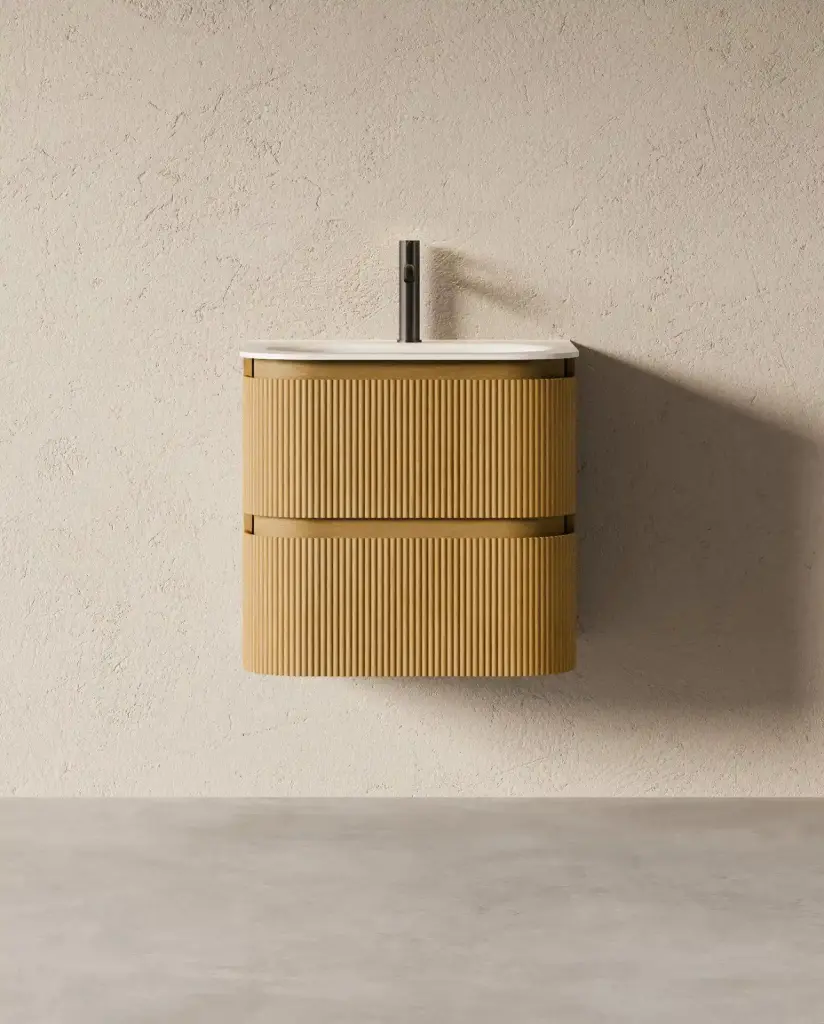 Meuble vasque 60x50, arrondi, résine minérale blanc mat, chêne naturel, Alix