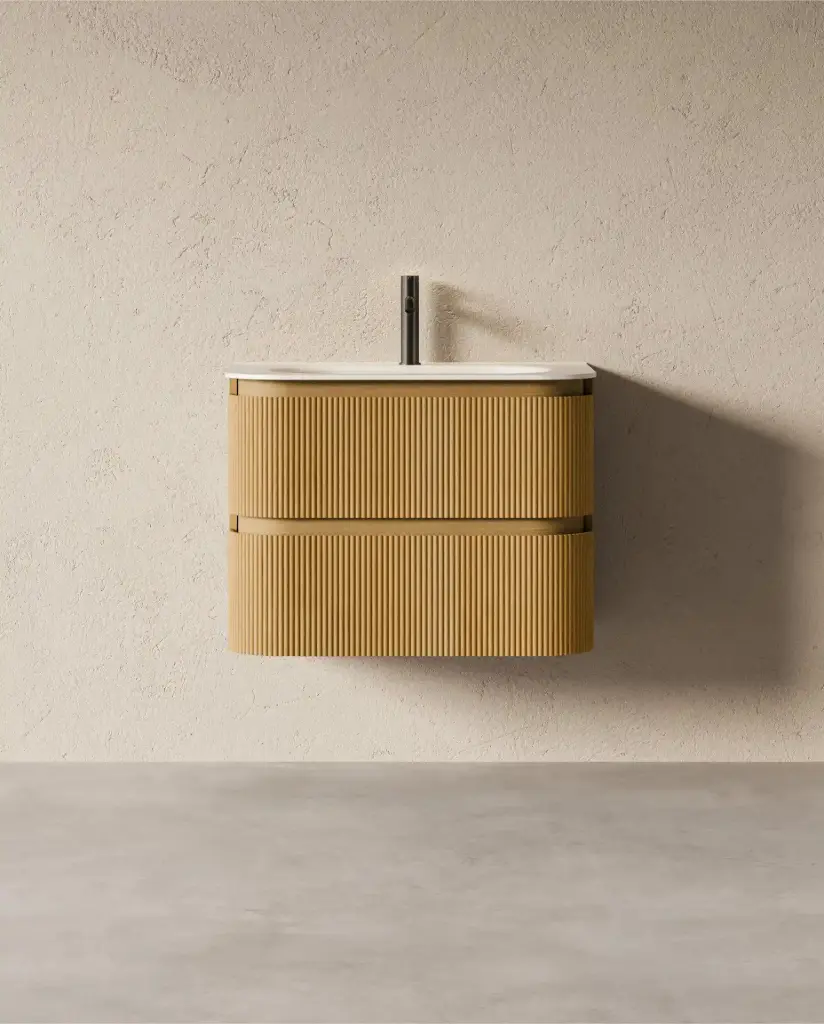 Meuble vasque 75x50, arrondi, résine minérale blanc mat, chêne naturel, Alix 
