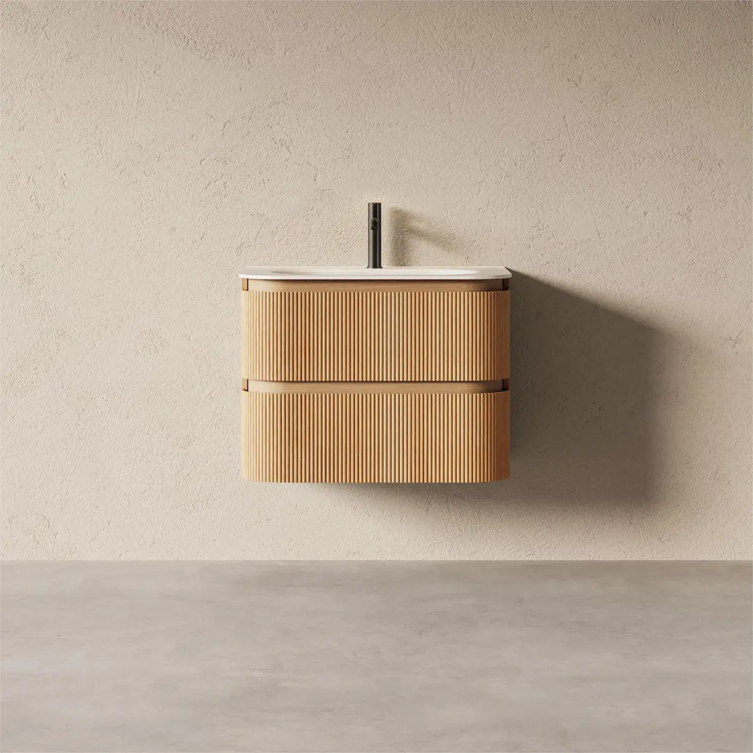 Meuble vasque 75x50, arrondi, résine minérale blanc mat, chêne naturel, Alix 