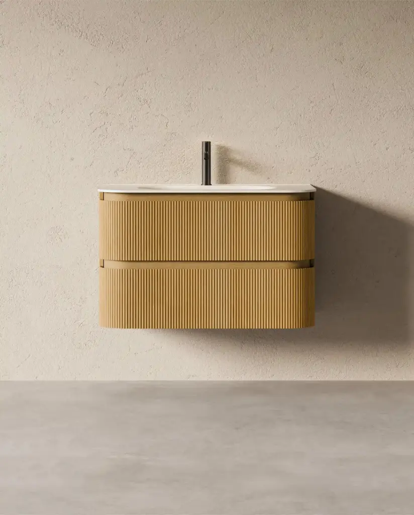 Meuble vasque 90x50, arrondi, résine minérale blanc mat, chêne naturel, Alix  