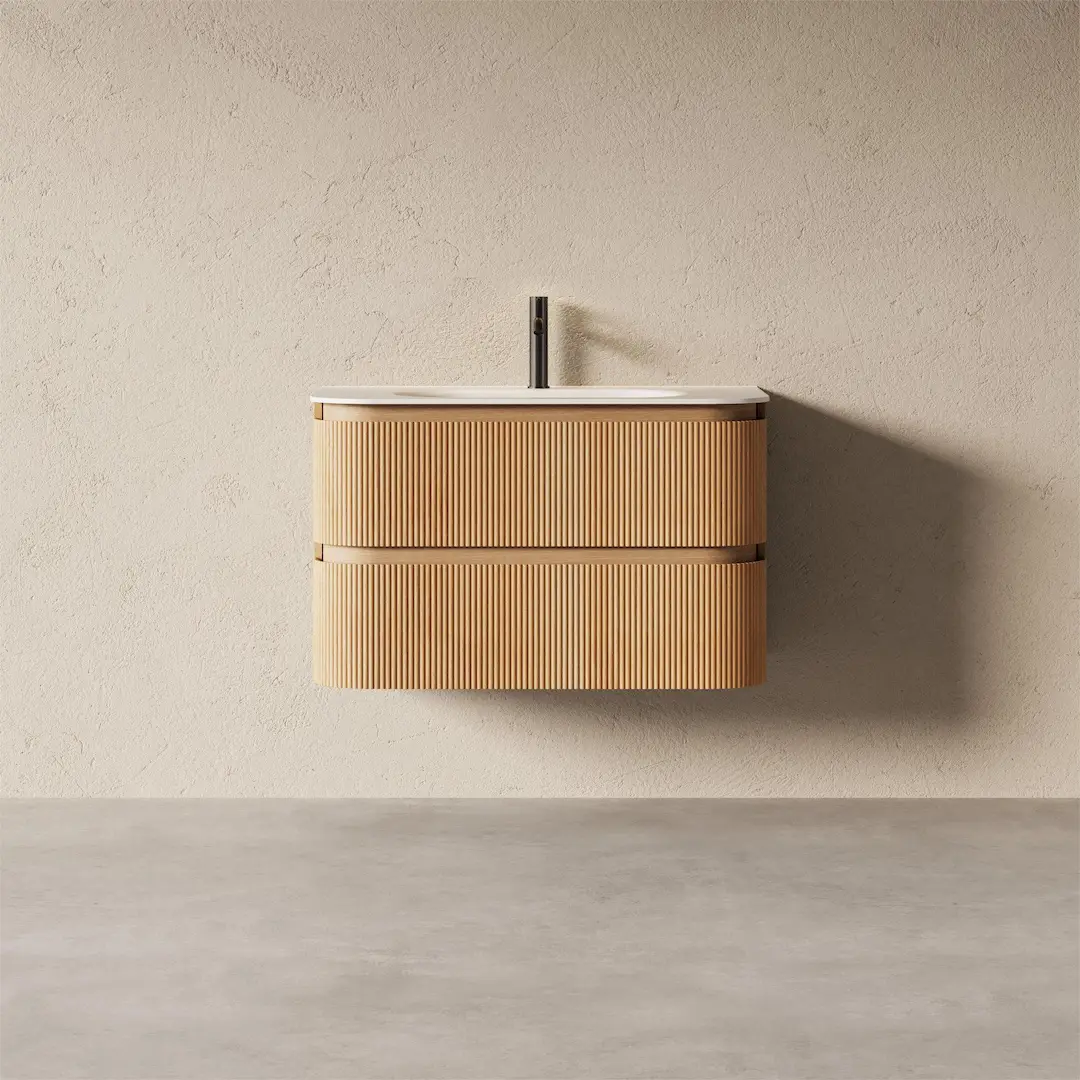 Meuble vasque 90x50, arrondi, résine minérale blanc mat, chêne naturel, Alix  