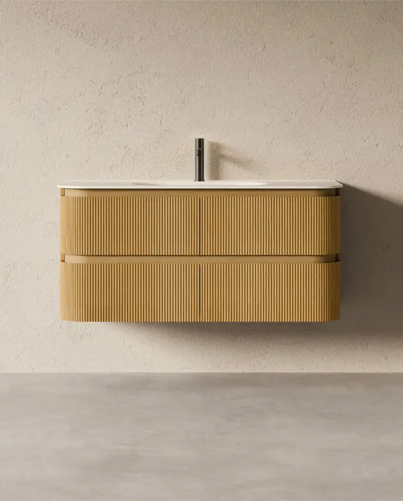 Meuble vasque 120x50, arrondi, résine minérale blanc mat, chêne naturel, Alix   