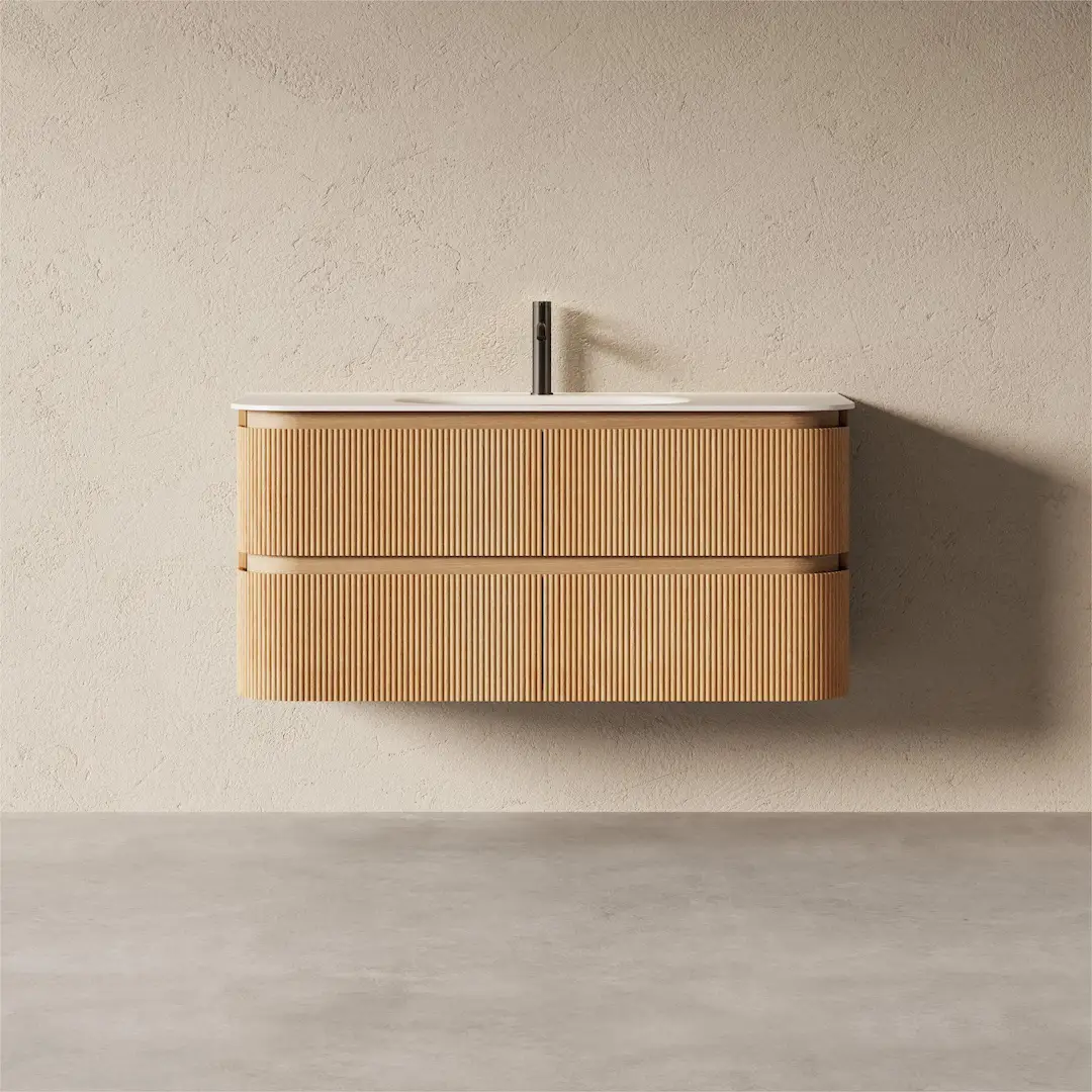 Meuble vasque 120x50, arrondi, résine minérale blanc mat, chêne naturel, Alix   