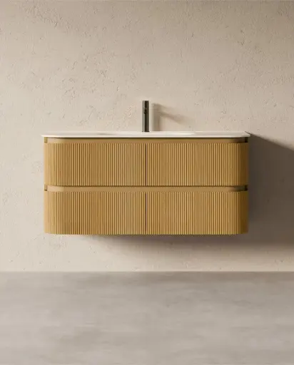 Meuble vasque 120x50, arrondi, résine minérale blanc mat, chêne naturel, Alix   