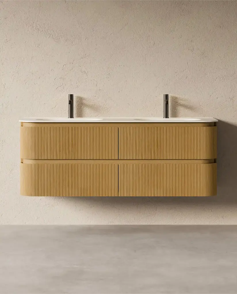 Meuble double vasque 150x50, arrondi, résine minérale blanc mat, chêne naturel, Alix   