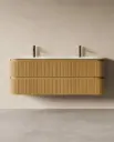 Meuble double vasque 150x50, arrondi, résine minérale blanc mat, chêne naturel, Alix   