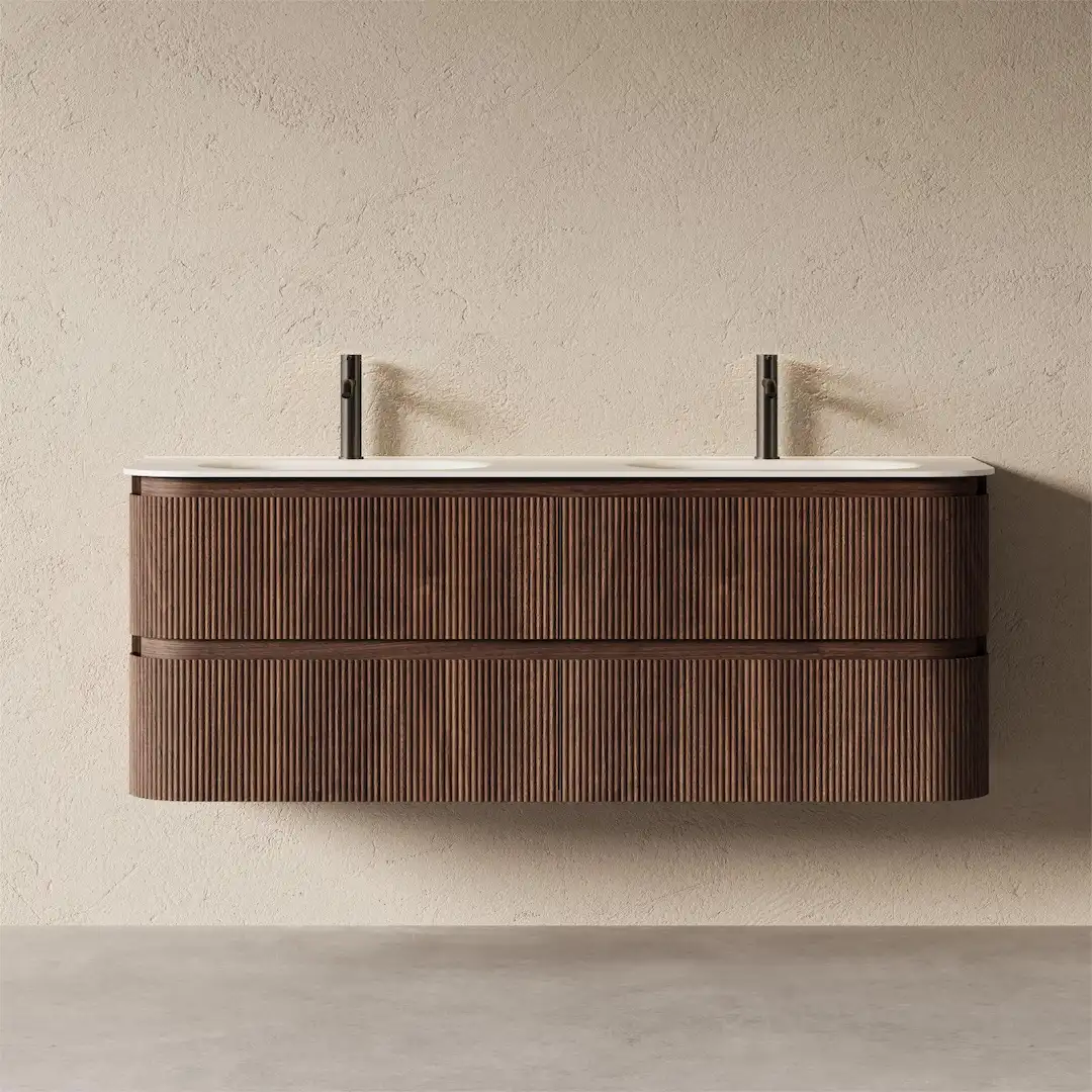 Meuble double vasque 150x50cm, arrondi, résine minérale blanc mat, noyer, Alix    