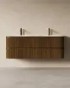 Meuble double vasque 150x50cm, arrondi, résine minérale blanc mat, noyer, Alix    