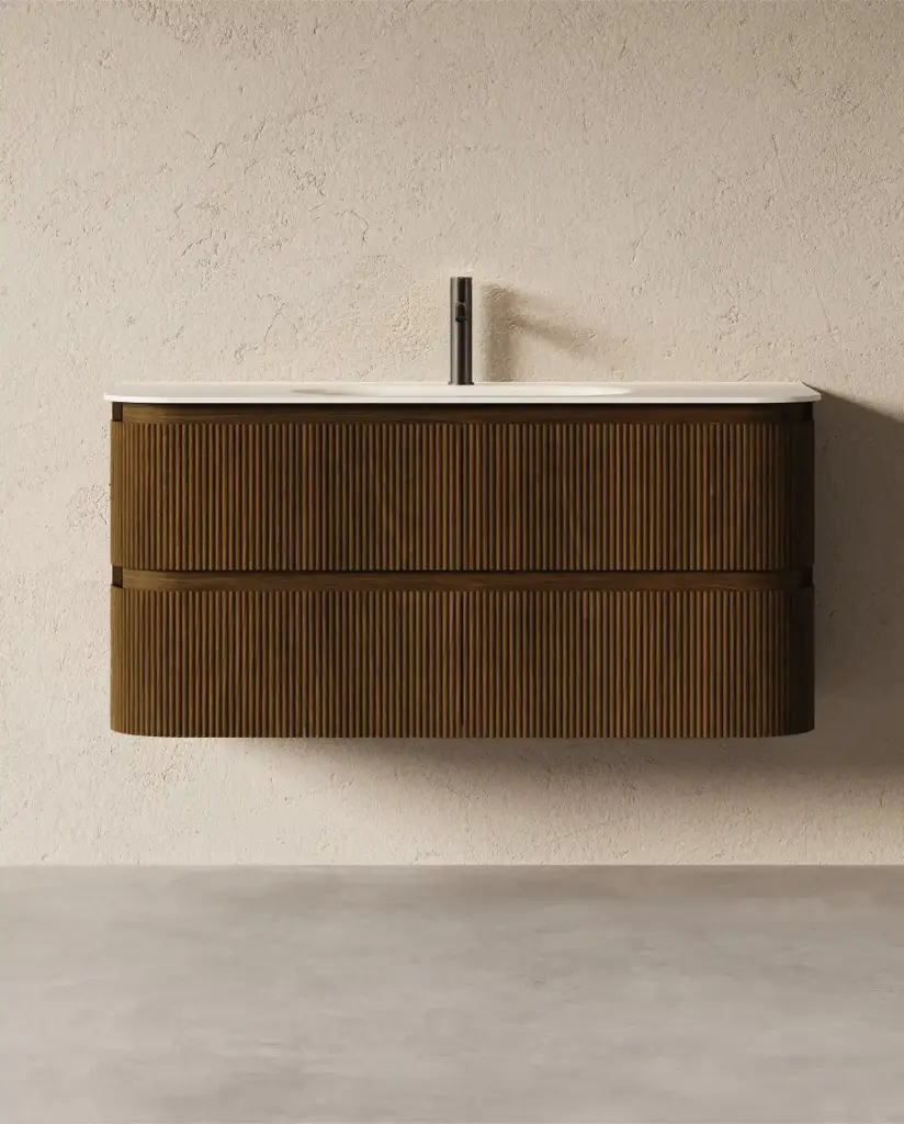 Meuble vasque 120x50cm, arrondi, résine minérale blanc mat, noyer, Alix    