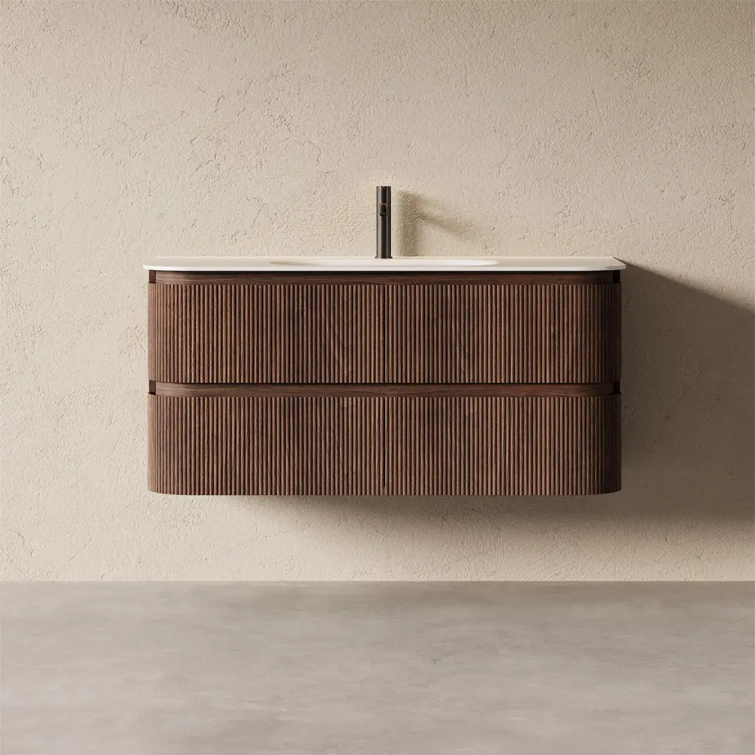 Meuble vasque 120x50cm, arrondi, résine minérale blanc mat, noyer, Alix    