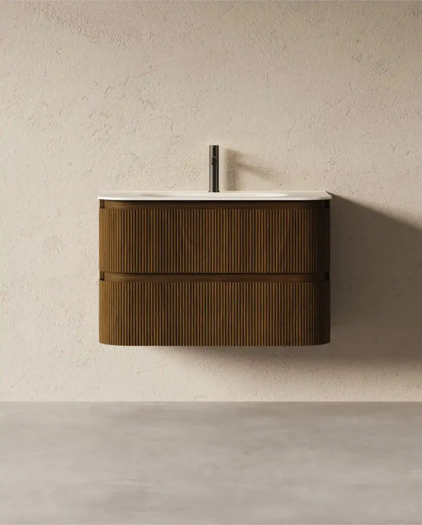 Meuble vasque 90x50cm, arrondi, résine minérale blanc mat, noyer foncé, Alix   