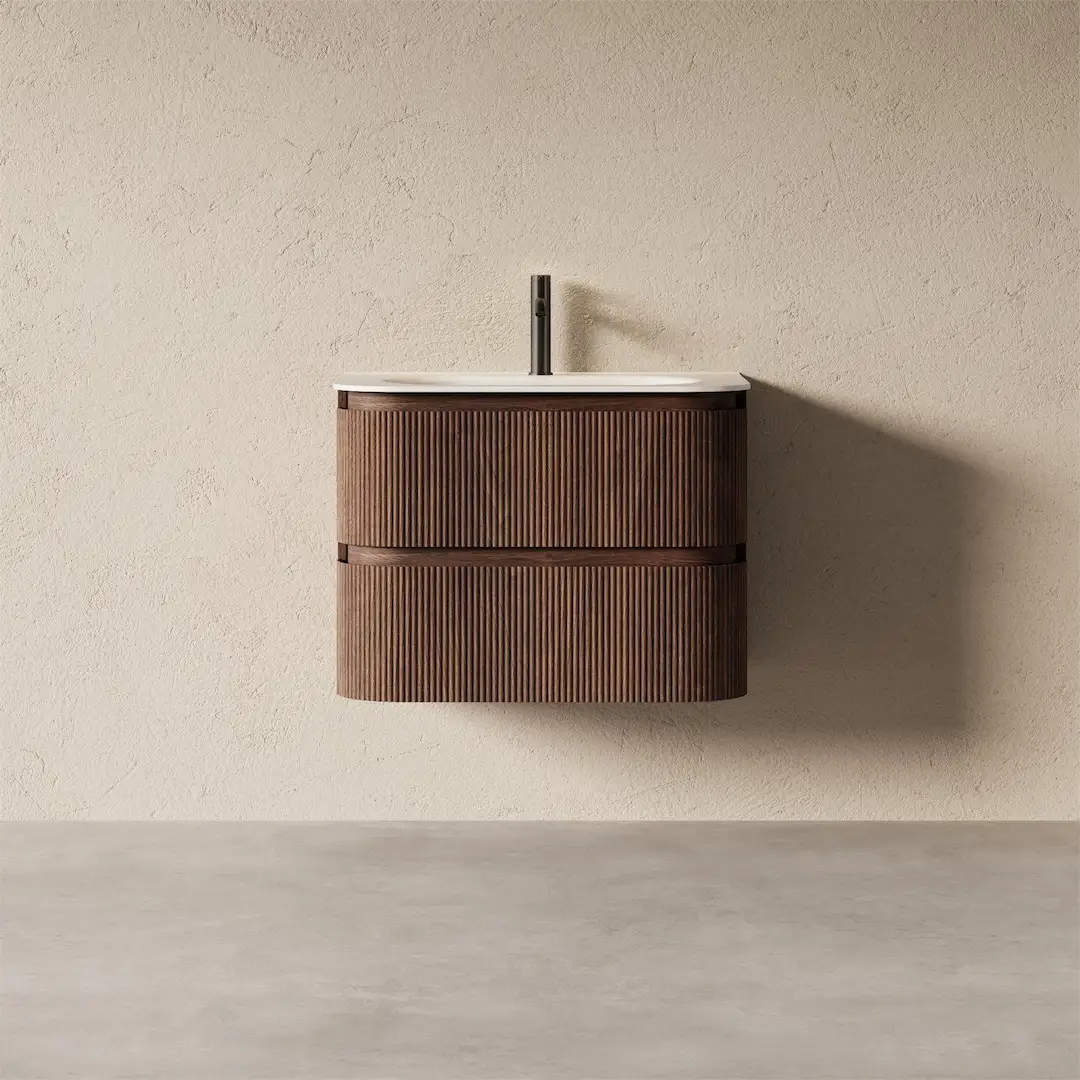 Meuble vasque 75x50cm, arrondi, résine minérale blanc mat, noyer, Alix  