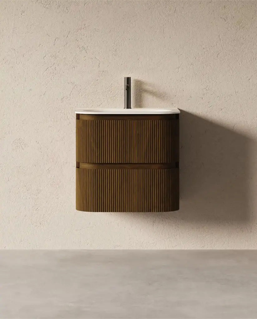 Meuble vasque 60x50cm, arrondi, résine minérale blanc mat, noyer, Alix 