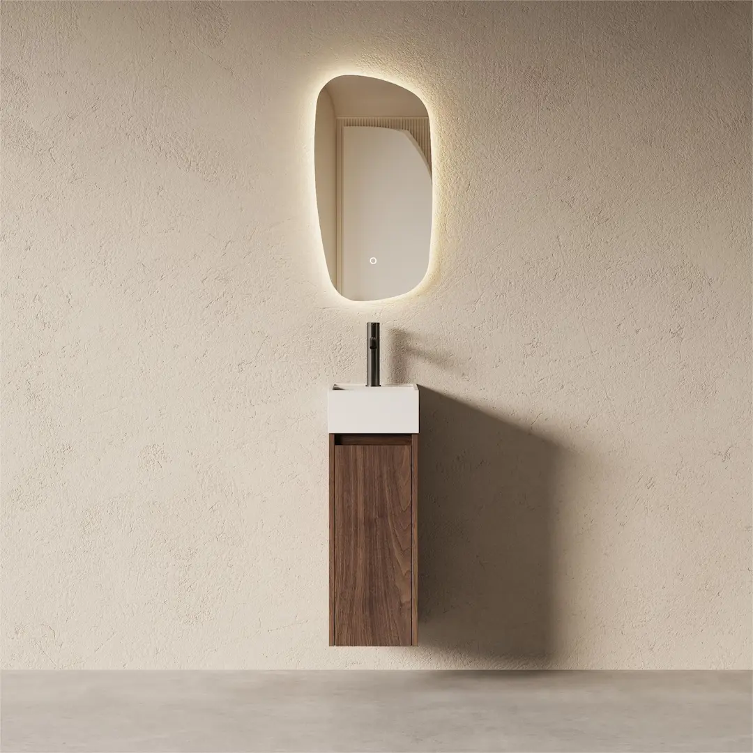 Lave-mains suspendu Aude 40cm, meuble en noyer foncé et vasque en résine blanc mat, design minimaliste.