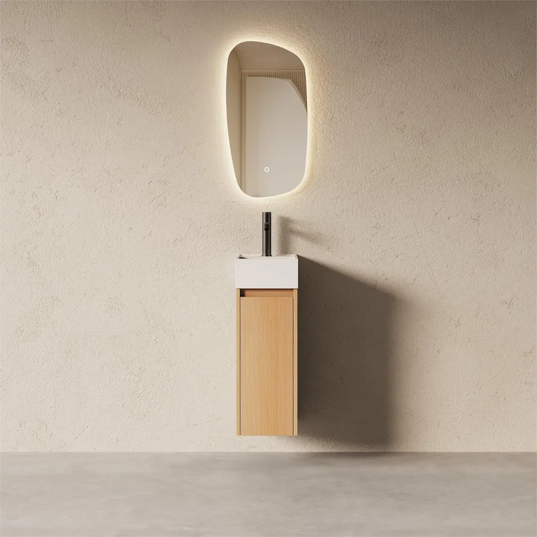 Lave-mains design Aude 38,5cm en chêne naturel, vasque résine blanc mat, meuble de toilette suspendu avec tiroir.