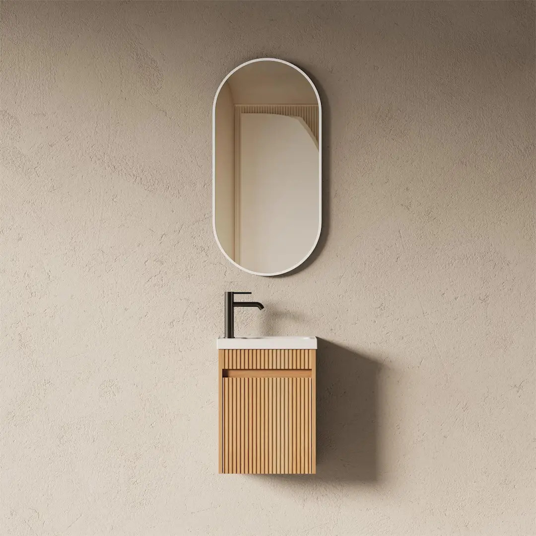 Lave-mains suspendu 39 cm – Chêne Naturel Cannelé & Résine Blanc Mat – LILA