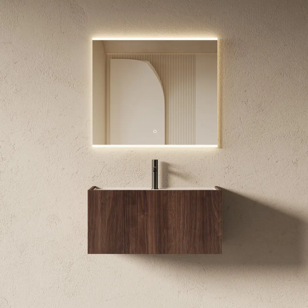 Meuble salle de bain vasque intégrée 80cm noyer - Loren  