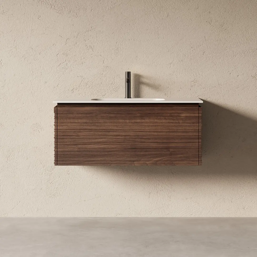 Meuble de salle de bain suspendu à 1 grand tiroir en bois finition noyer cannelé horizontal avec vasque simple.