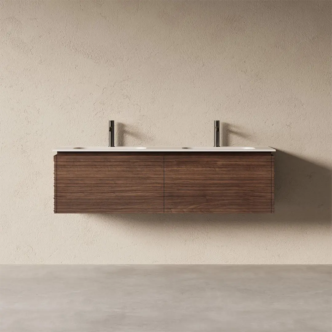 Meuble salle de bain double vasque 150cm noyer cannelé - Orane