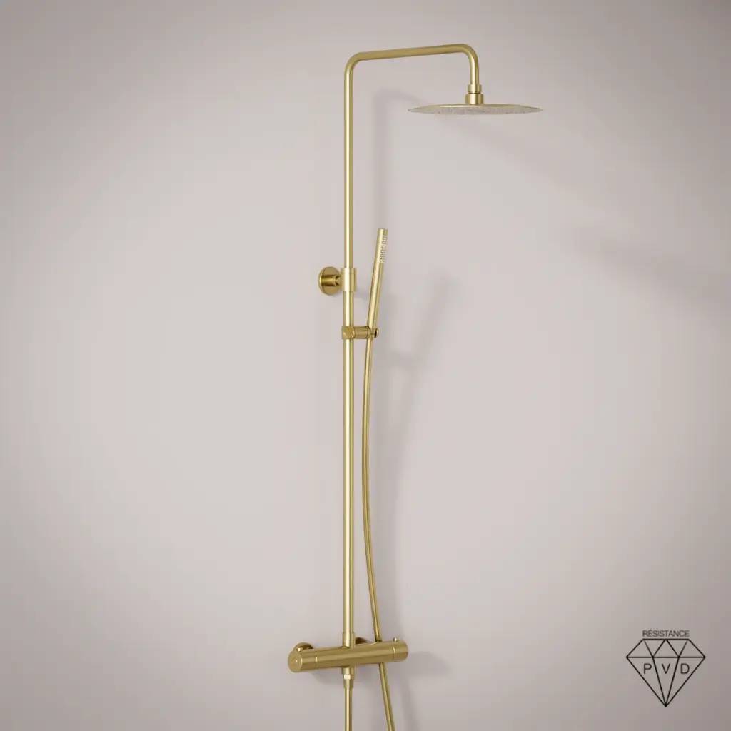 Colonne de douche avec mitigeur thermostatique, Ø25cm, doré brossé, Châtelet 