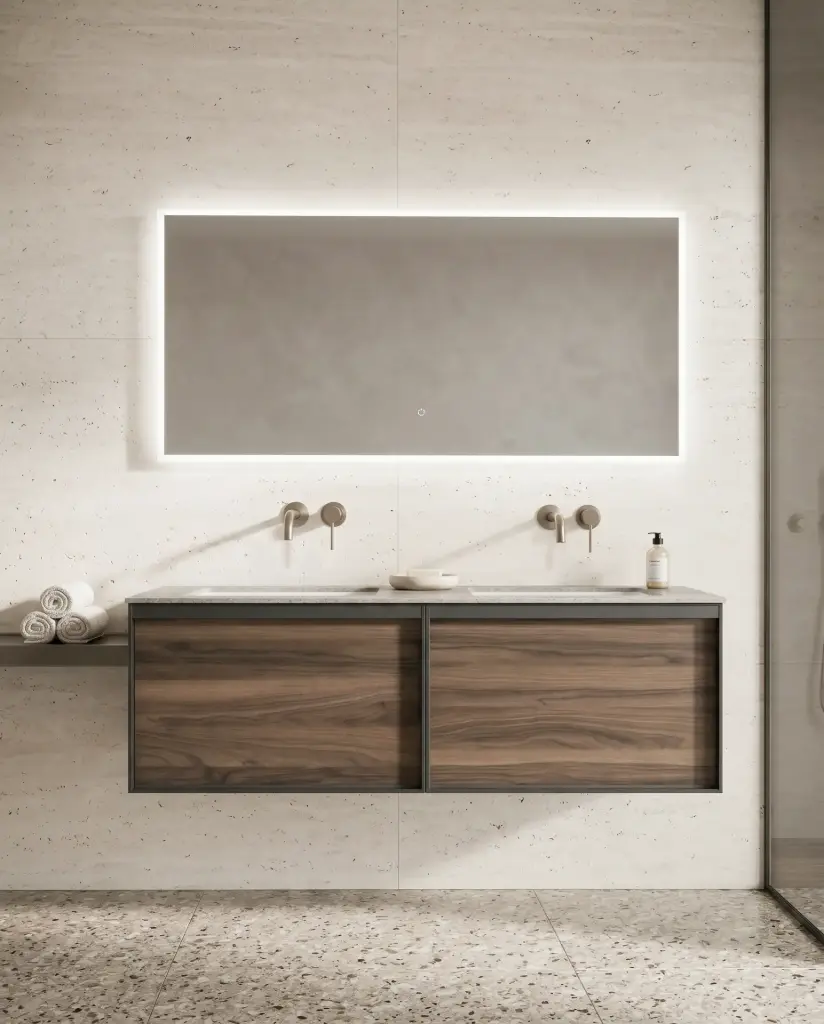 Meuble bois, 140cm avec plan vasque céramique, et vasque intégrée, Tropo    