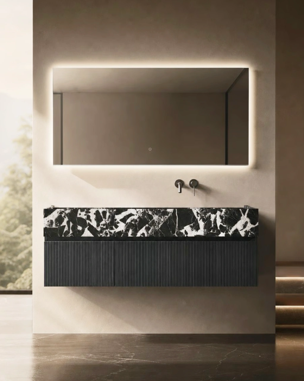 Meuble bois, 140cm avec plan vasque marbre,vasque à droite, Dimassa