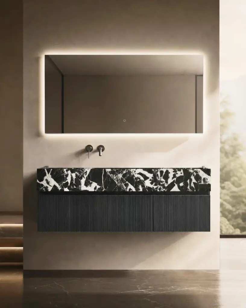Meuble bois, 140cm avec plan vasque marbre, vasque à gauche, Dimassa 