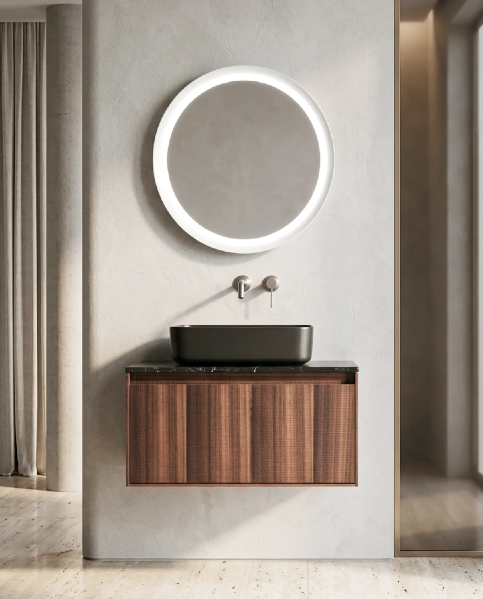 Meuble de salle de bain suspendu en bois Molène 80 cm avec plan en marbre noir Nero Marquina et vasque rectangulaire noire mate