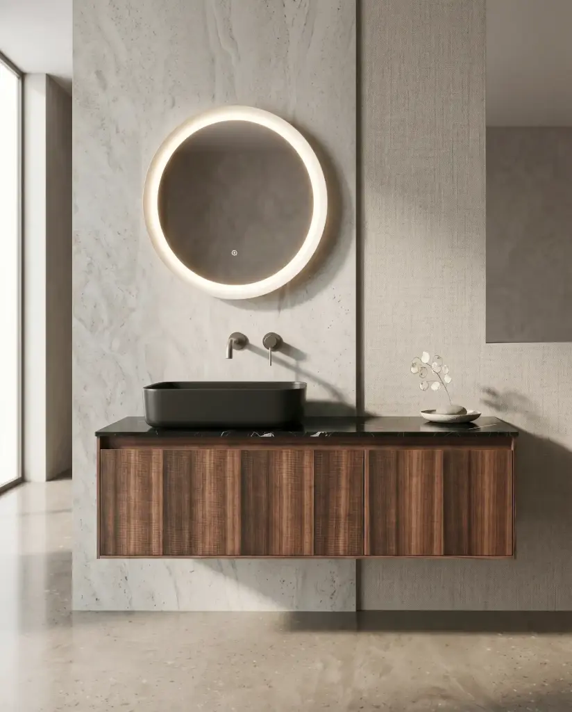 Meuble bois, 120cm avec plan marbre nero marquina et vasque noire mate, Molene 