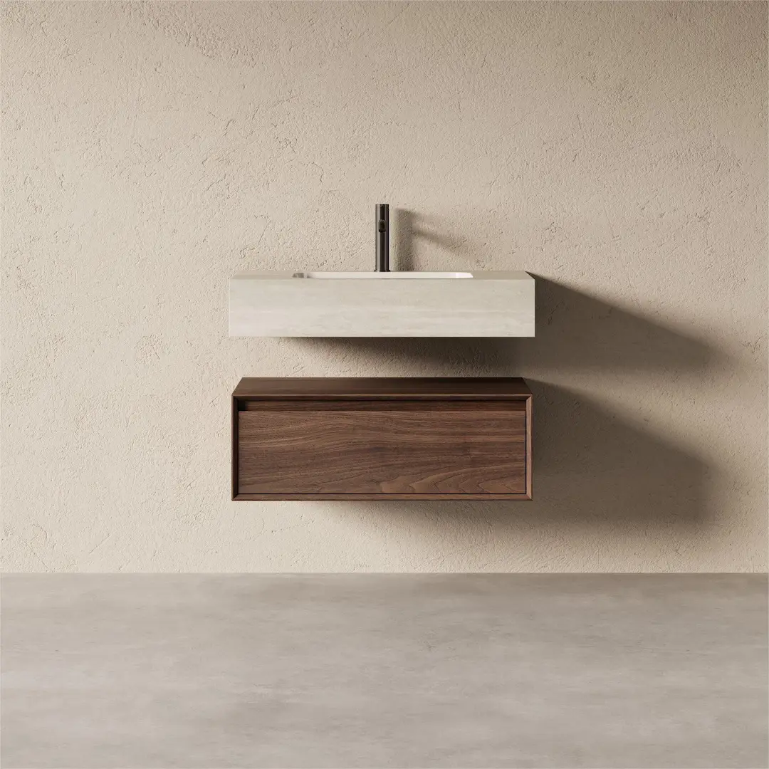 Meuble Vasque Suspendu Irene 80 cm – Duo Noyer & Travertin