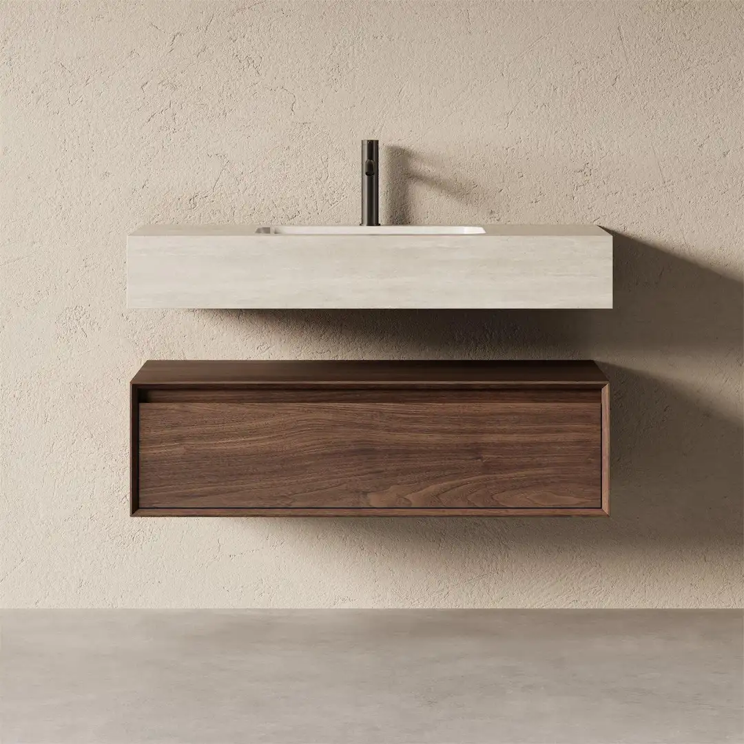 Meuble Vasque Suspendu Irene 100 cm – Duo Noyer & Travertin