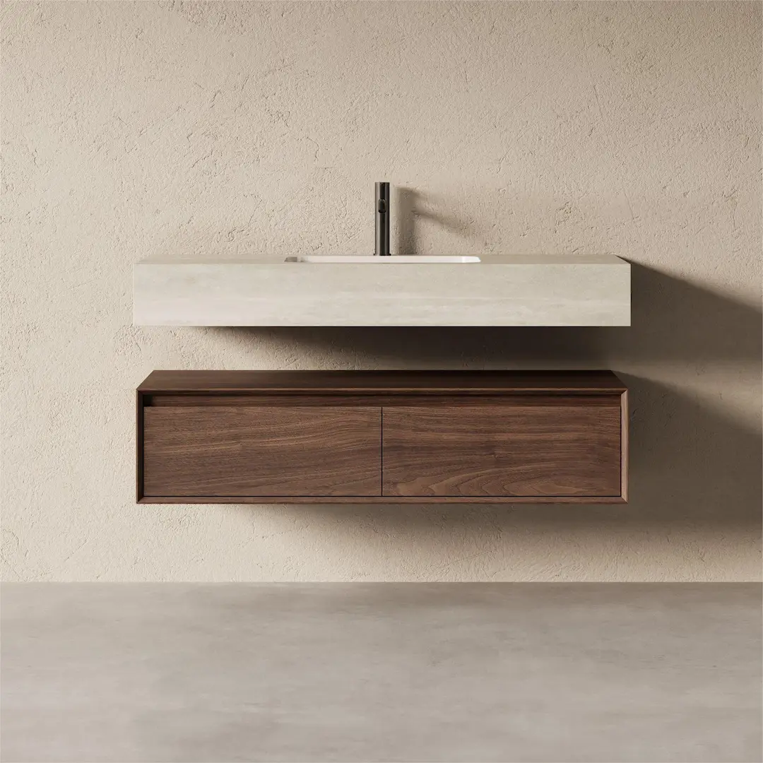 Meuble Vasque Suspendu Irene 120 cm – Duo Noyer & Travertin