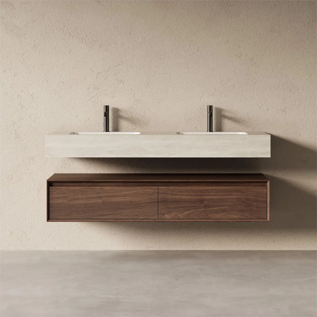 Meuble Vasque Suspendu Irene 150 cm – Duo Noyer & Travertin