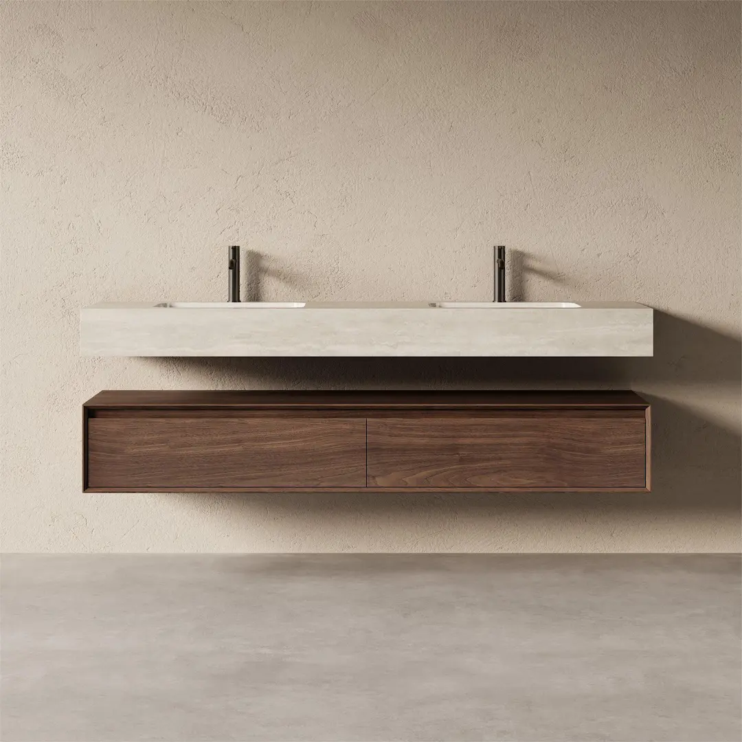 Meuble Vasque Suspendu Irene 180 cm – Duo Noyer & Travertin