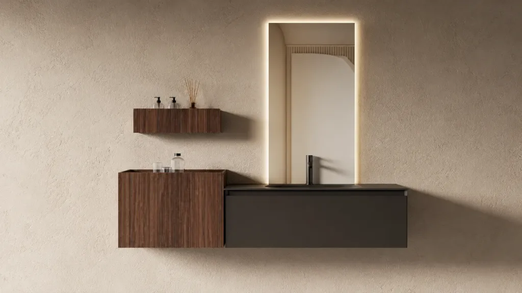 Ensemble salle de bain vasque résine 160cm noyer - Ines