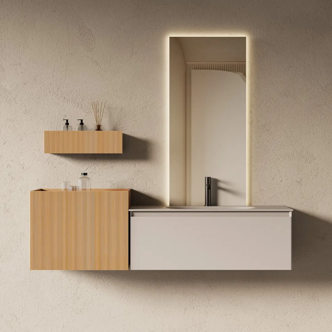 Ensemble salle de bain vasque résine 160cm chêne naturel  - Ines
