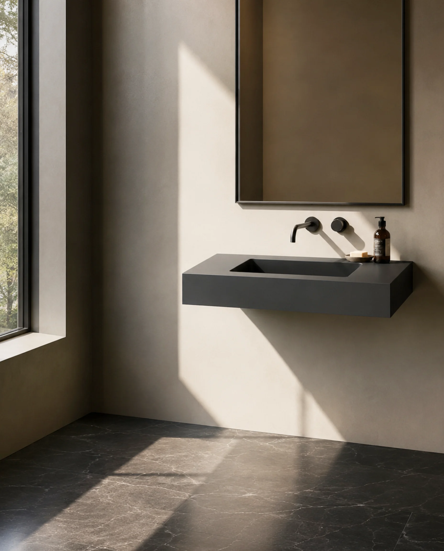Plan vasque suspendu noir mat lisse Cotton 80 cm installé au-dessus d'un meuble en bois véritable Aurélien.