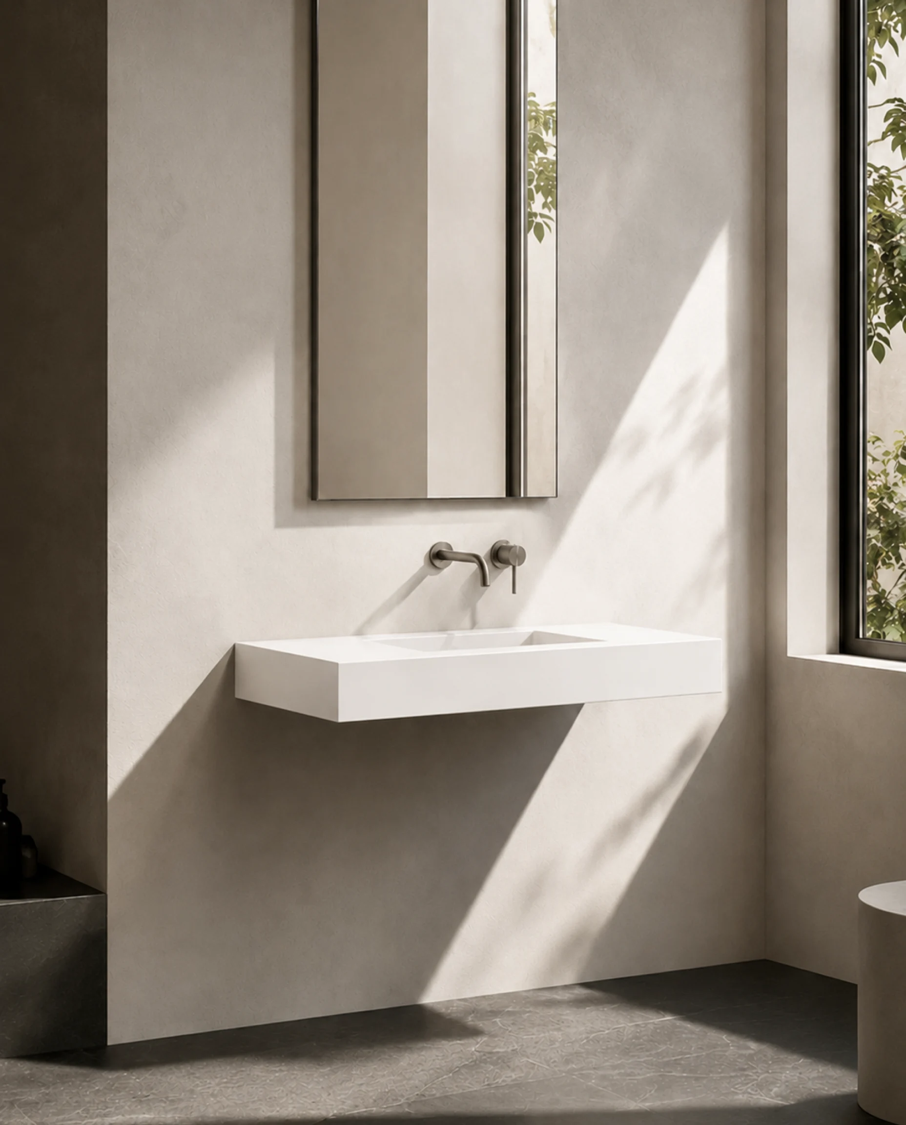 Plan vasque suspendu blanc mat lisse Cotton 100 cm en composite minéral fixé au-dessus de son meuble en bois Aurélien.