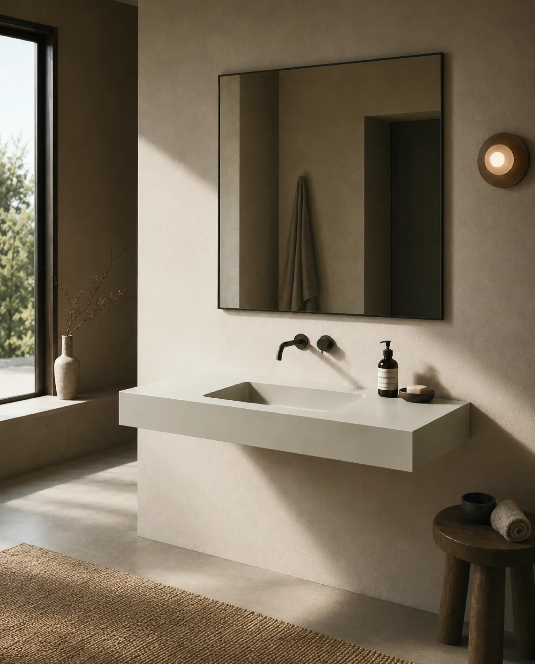 Plan de toilette suspendu 120 cm simple vasque beige mat lisse Cotton avec bonde assortie et meuble sous-vasque en placage bois.