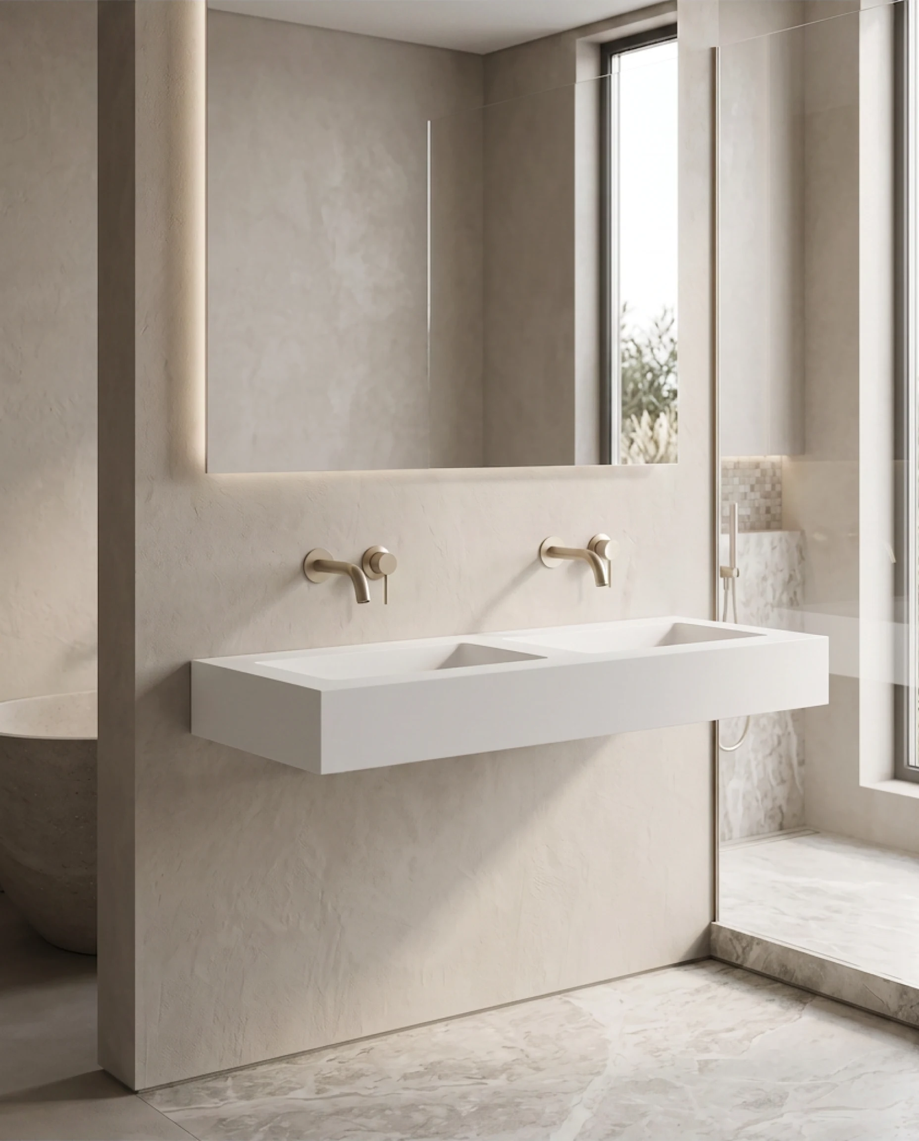 Plan double vasque suspendu en composite minéral blanc mat Cotton 120 cm installé au-dessus d'un meuble en bois véritable Aurélien.