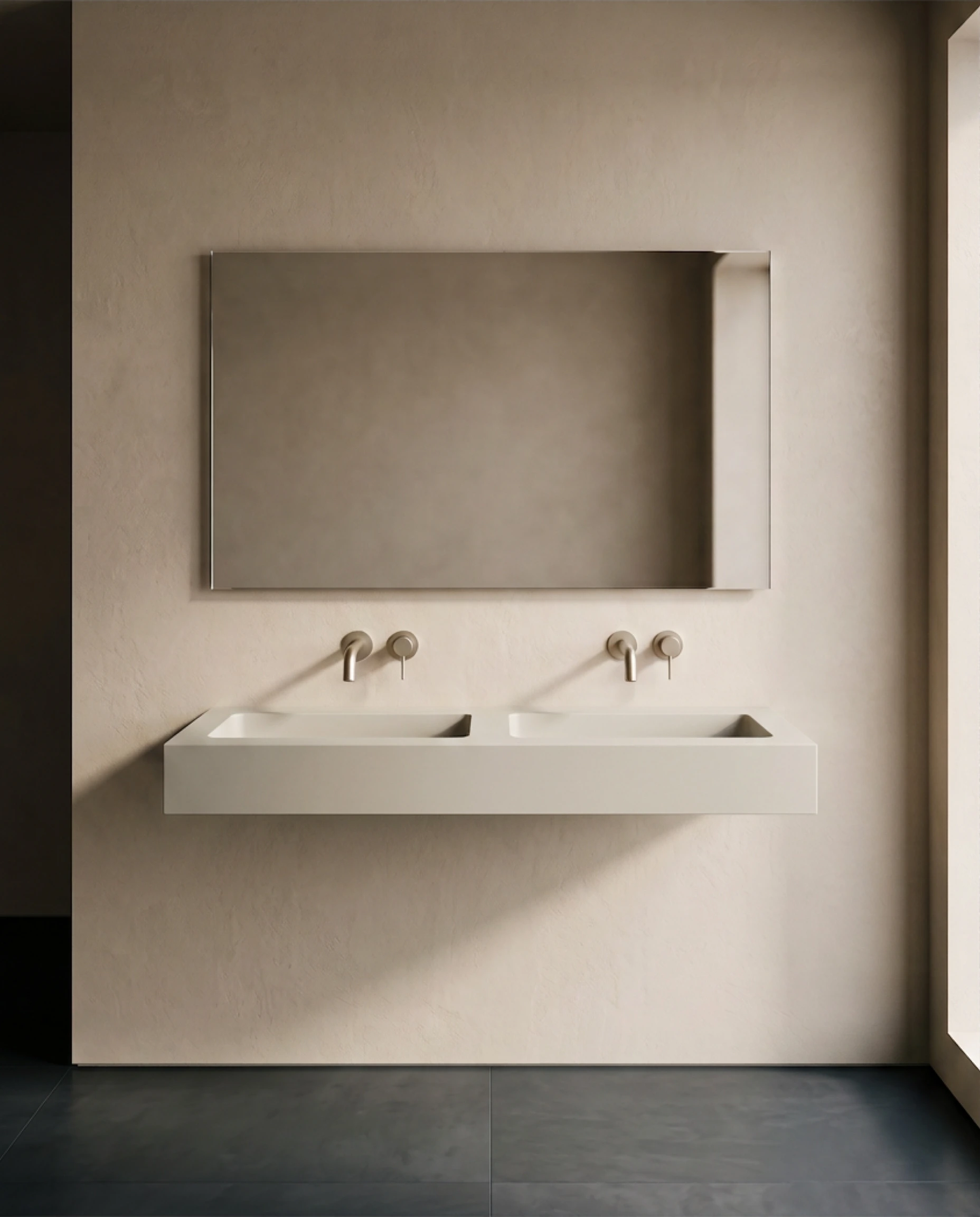 Plan de toilette suspendu 120 cm double vasque beige mat lisse Cotton avec bondes assorties et meuble sous-vasque en placage bois.