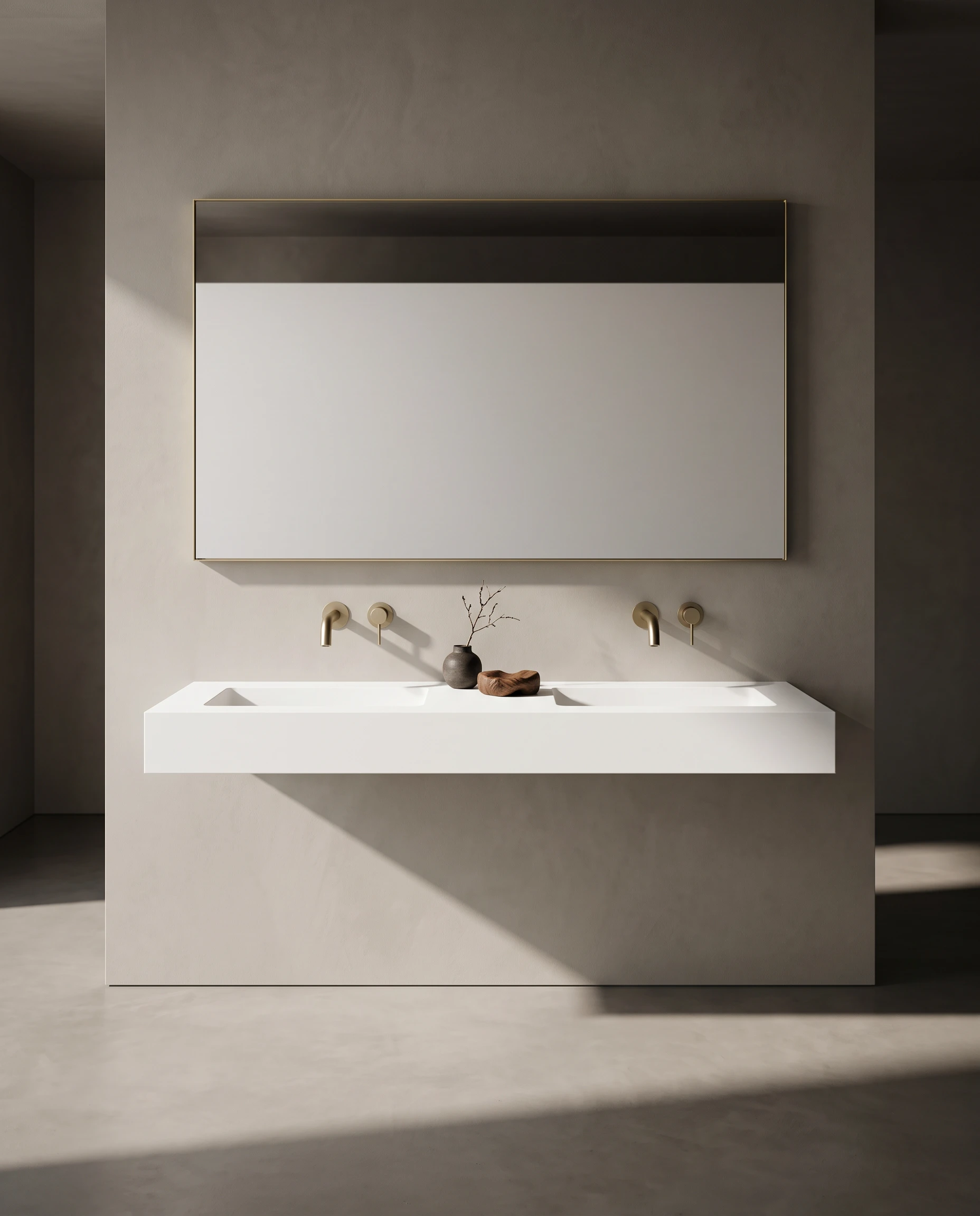 Grand plan double vasque suspendu en composite minéral blanc mat Cotton 140 cm installé avec son meuble en bois véritable Aurélien.